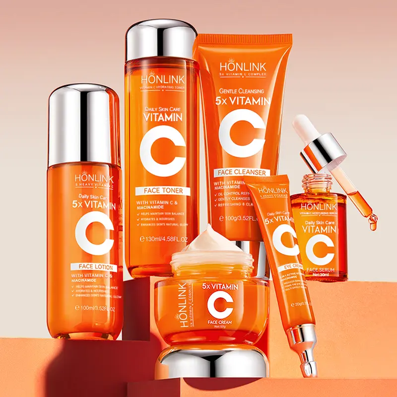 [HONLINK] 5X Vitamin C Vegan 6-In-1 Skincare Gift Set - Cleanser, Lotion, Serum, Hyaluronic Acid - Hydrates Dry Thirsty Skin, Repairs, Evens Tone, Reduces Dark Circles, Boosts Glow - Deep Hydration, Soft Smooth Supple Texture, Glass Skin Goals, Daily Use