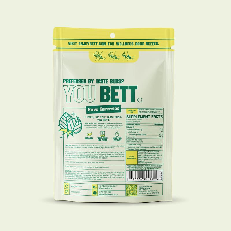 BETT Natural Calm Kava Gummies - Fruit Punch, 50mg Kavalactones, Vegan & Gluten-Free, 20 Gummies Per Pouch, Third-Party Lab Tested, Perfect for Relaxation