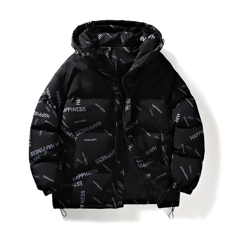 Full Print Letter Hooded Cotton Coat For Couples Winter Thickened Street Trend Warm Jacket with Stylish Happiness Pattern