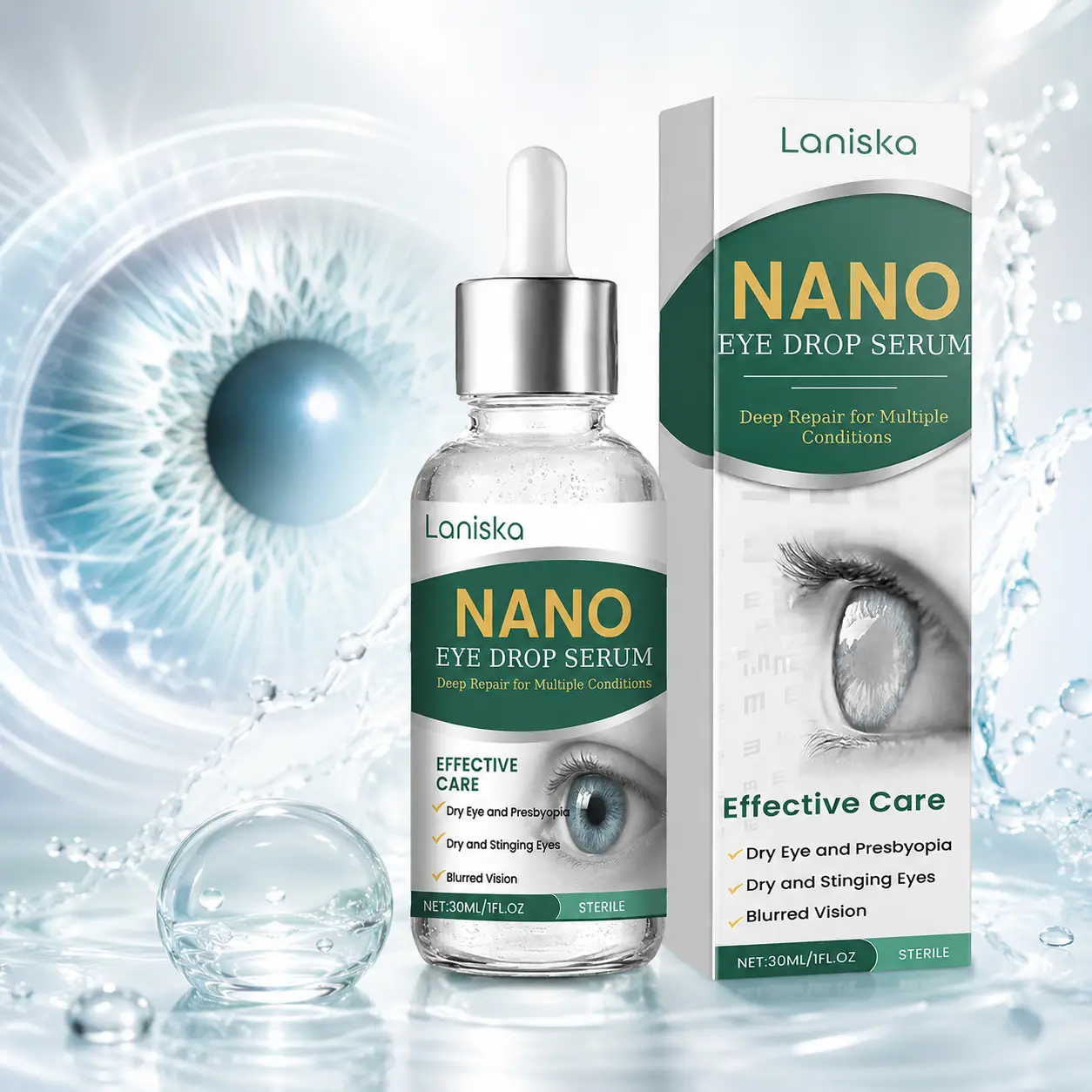 Laniska Nano Eye Drop Serum, 30ml Moisturizing Eye Care Drops, Gentle Hydrating Formula for Dry Tired Eyes, Refreshing Daily Eye Comfort Support for Screen Time, Office, Travel & Home Use