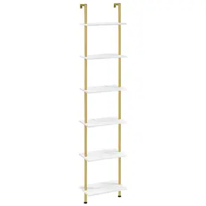 HOOBRO DIY Ladder Shelf, 6-Tier Wooden Wall Mounted Bookshelf, Narrow Gold Bookcase, Display Shelf, Storage Rack, Plant Stand, for Balcony Living Room#springtok