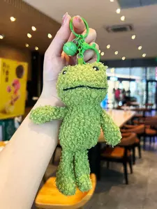 Cute Fluffy Curly Frog Plush Keychain with Bell Soft Stuffed Animal Pendant Key Ring Backpack Bag Charm Gift for Women Men Frog Animal Lovers