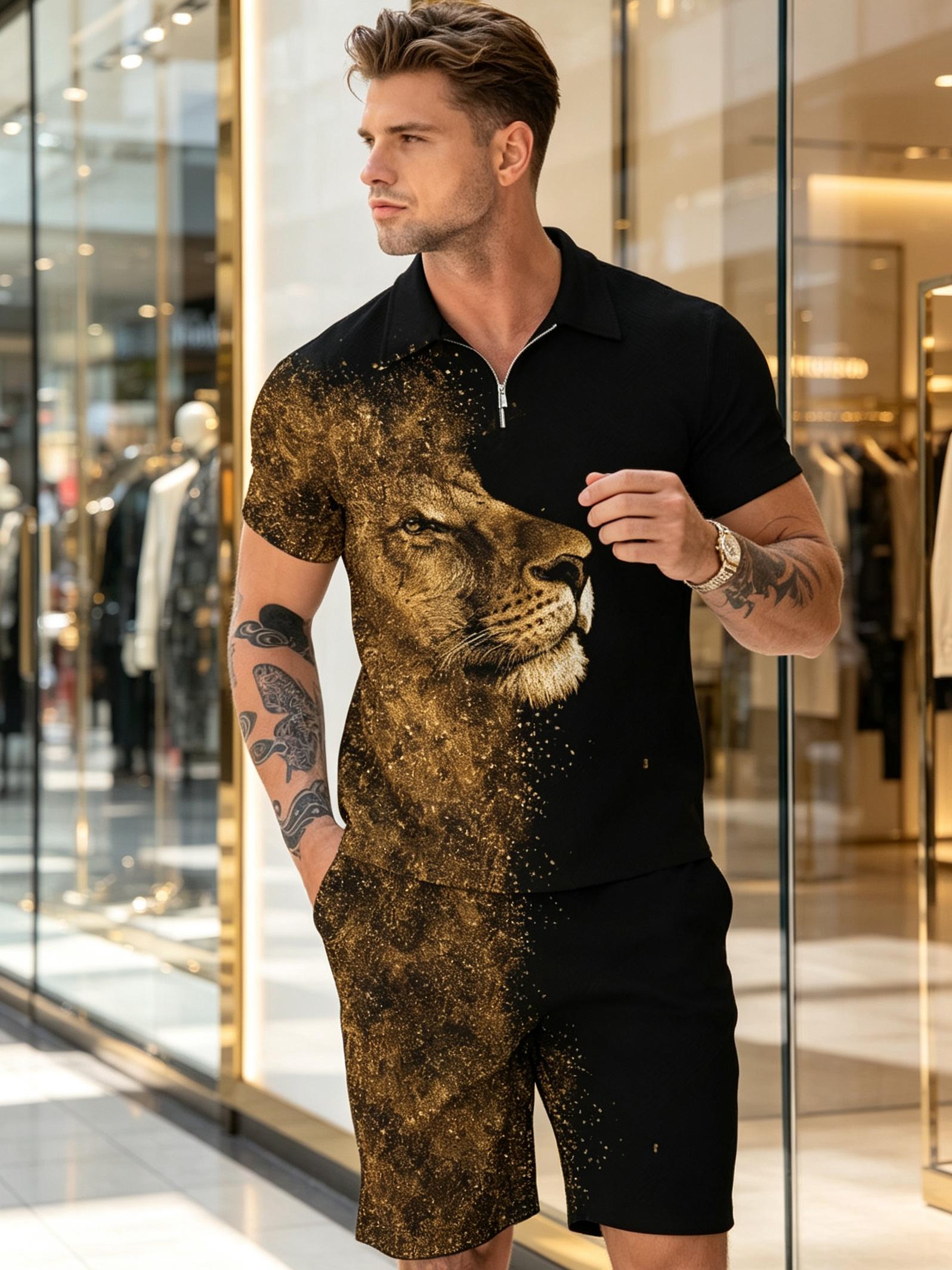 Men's 2-Piece Graphic Clothes Set - Stylish Animal Lion Print Short-Sleeve Polo & Shorts, Breathable Polyester, Fashion Streetwear Outfit for Birthday, Sizes M-3XL