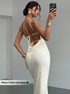 Elegant Backless Long Dress, Polka Dot Texture Fabric, Cross Strap Design, Fitted Mermaid Silhouette, Perfect for Evening Events, Formal Wear, Womenswear, Elegance