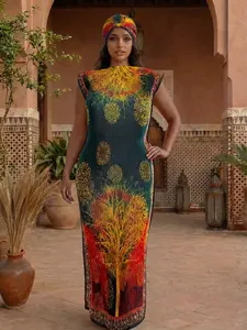 Women's Sexy Ruched Slim Fit Casual Chic Sleeveless Long Dress Set, All-Over Printed Shawl + Scarf, Beach Sun Protection Silk Wrap, Summer Fashion, Matching