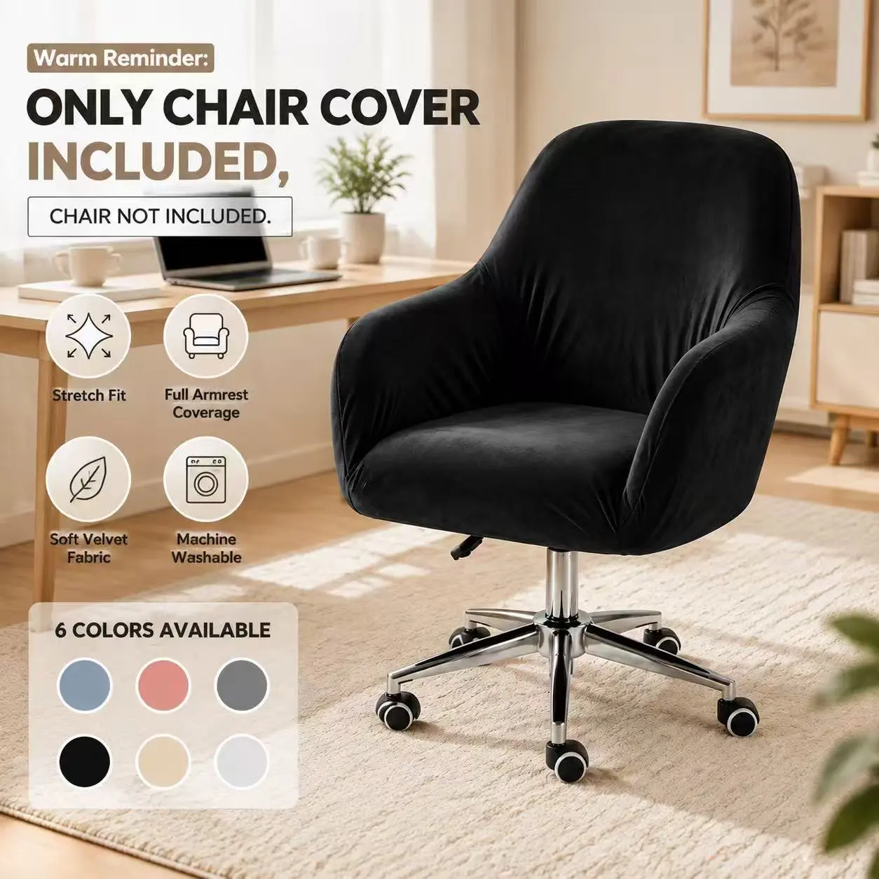 Premium Stretch Velvet Office Chair Slipcover with High Armrests | Full-Cover Elegant Computer Task Chair Cover for Home Vanity & Makeup Seating, Chair Cover Only