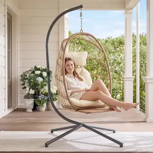 Yechen Hanging Egg Chair with Stand and Footrest for Indoor Outdoor, Foldable Wicker Rattan Patio Egg Swing Chairs Hammock Egg Chair with UV Resistant Cushion for Bedroom Porch, 350 Lbs Capacity (Beige, Light Blue, Pink, Teal Blue, Charcoal Grey)
