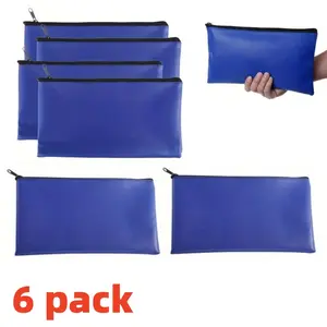 6-pack Rectangular PU Zipper Bag -11.02in X 6.3in, Waterproof, Soft, Durable, Safe and Practical Wallet for Deposits, Checks, Cosmetics, and Tools