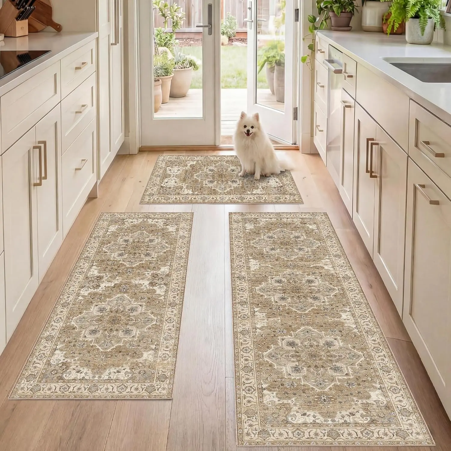 Kitchen Rugs Sets 3 count with Runner, Washable Non Slip Soft Boho Kitchen Mats, Low Pile Stain Resistant Carpet for Hallway, Laundry Room, Entryway (20"x32"+20"x48"+20"x59", Beige Cream)