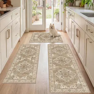 Kitchen Rugs Sets 3 count with Runner, Washable Non Slip Soft Boho Kitchen Mats, Low Pile Stain Resistant Carpet for Hallway, Laundry Room, Entryway (20"x32"+20"x48"+20"x59", Beige Cream)