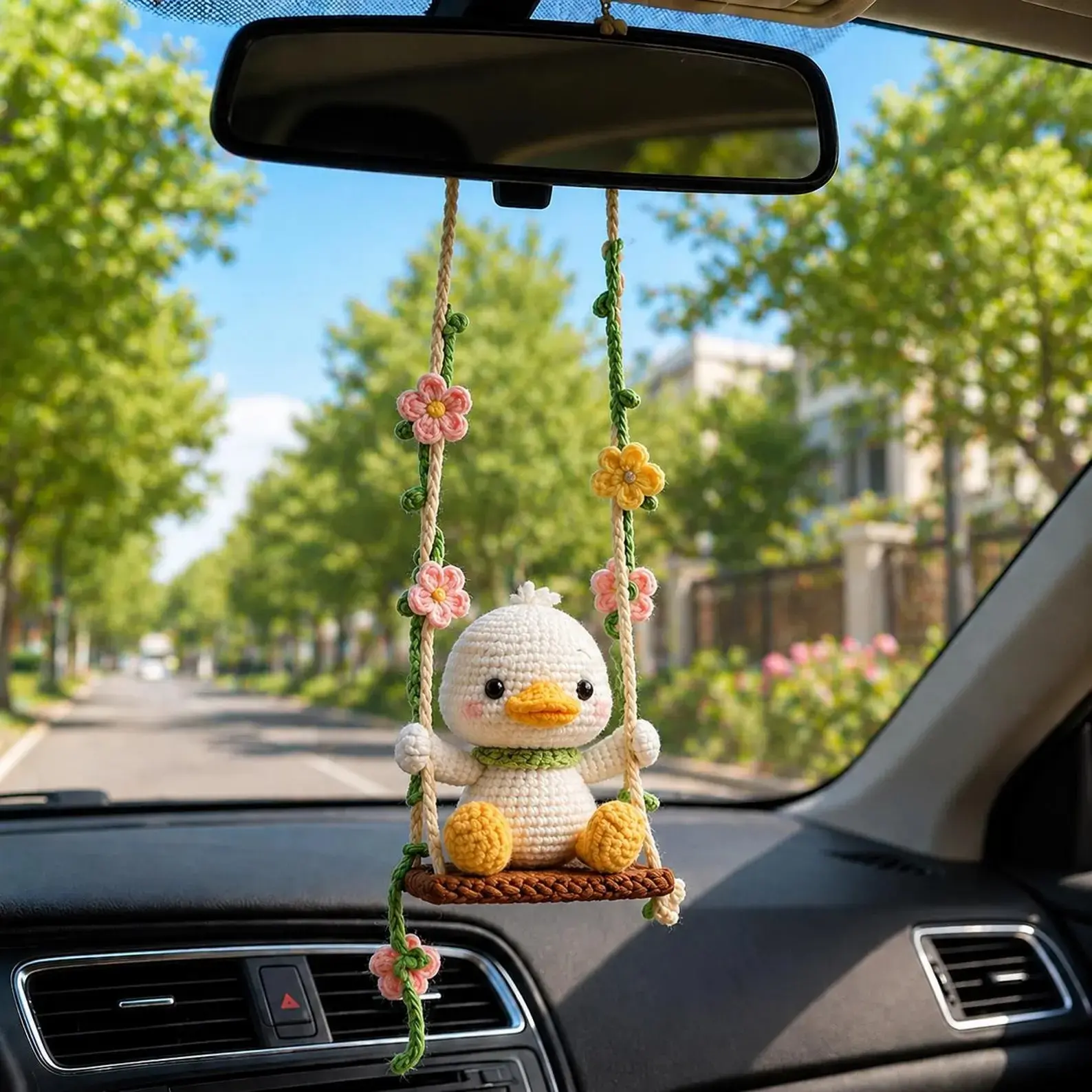 Duck Crochet Car Hanging, Cute Duck Rear View Mirror Charm, Floral Swing Car Decor, Handmade Car Accessory, Amigurumi Duck Gift