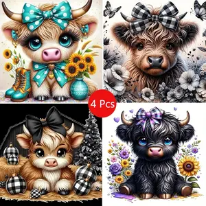 4pcs Highland Cow Diamond Painting Kit, Adult Art Craft Set, Handmade Gifts, Frameless DIY 5D Diamond Art, Full Drill Round Diamonds Home Decor