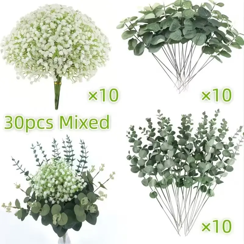 30pcs to 120pcs Starry Artificial Flowers with Fake Eucalyptus Leaves, Decorative Vases for Wedding and Home, Floral Arrangement Set, Faux Floral Arrangements, Plastic Flowers, Faux Flower Decorations