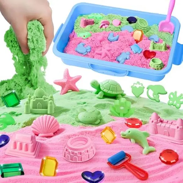 Ocean Sensory Bin, Play Set with 2 Color Moldable Sensory Sand, Magic Sand Art Kit with Sandbox, Sensory Beach Toys for Toddlers Kids, Christmas Birthday Gift for Boys Girls Age 3 4 5 6 7 8