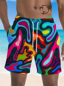 Men's Quick-Dry Beach Pants, All-Over Print Loose Fit Swim Trunks, Casual Holiday Style, Colorful Fluid Design, Swimming Shorts, Swimwear Shorts