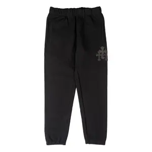 Men's Full-Length Plain Chrome Hearts Paper Jam Triple Leather Cross Patch Casual Fitted Trousers, Black Menswear Sweatpants