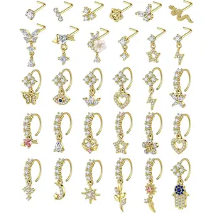 30 count 20G Dangle Nose Rings L Shaped Nose Studs Hoops for Women Copper Dangly Nose Rings CZ Flower  Butterfly Heart Nose  Rings
