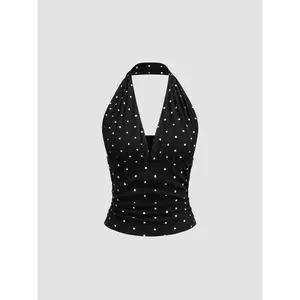 Cider Cotton-blend Halter Cowl Neck Polka Dot Ruched Top