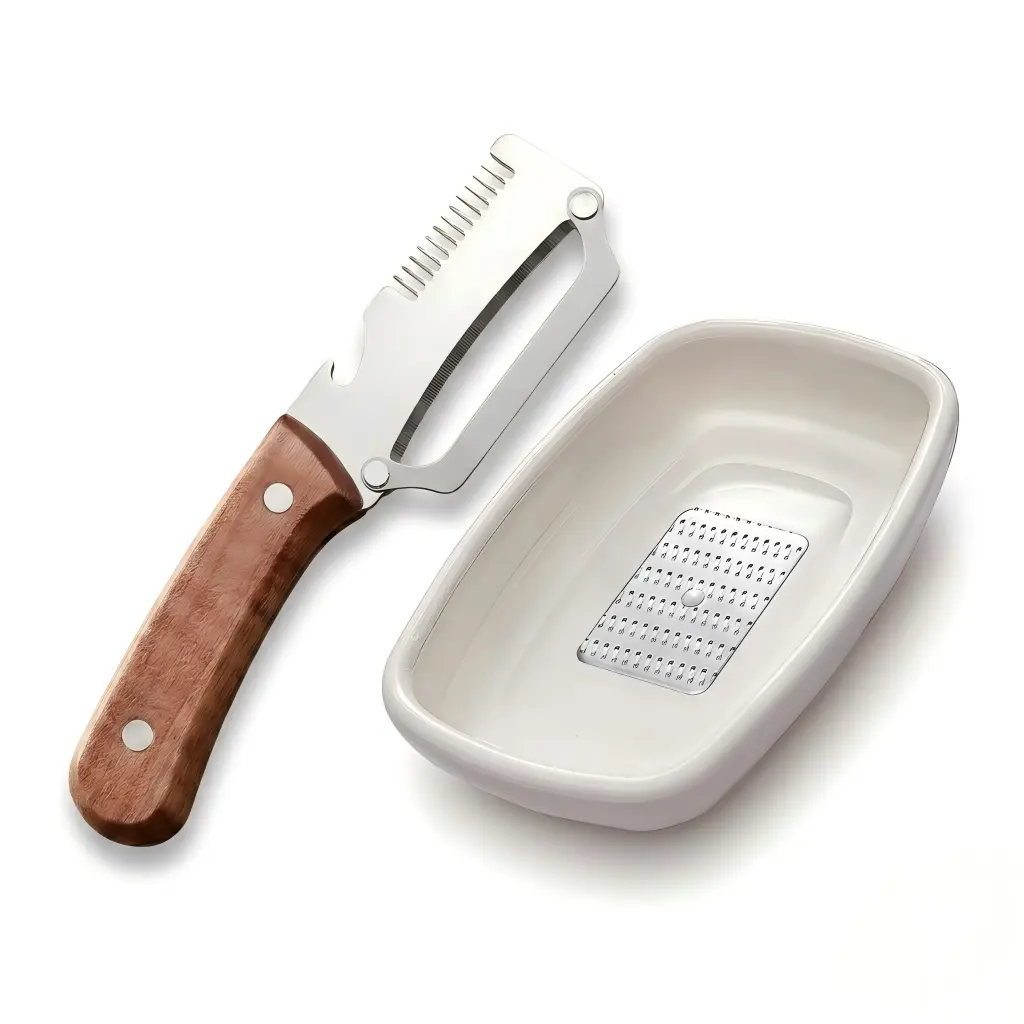 3-in-1 Vegetable Peeler Set with Garlic & Ginger Grater, Wooden Handle Julienne Peeler and Bottle Opener, Stainless Steel Kitchen Tool for Fruits and Vegetables