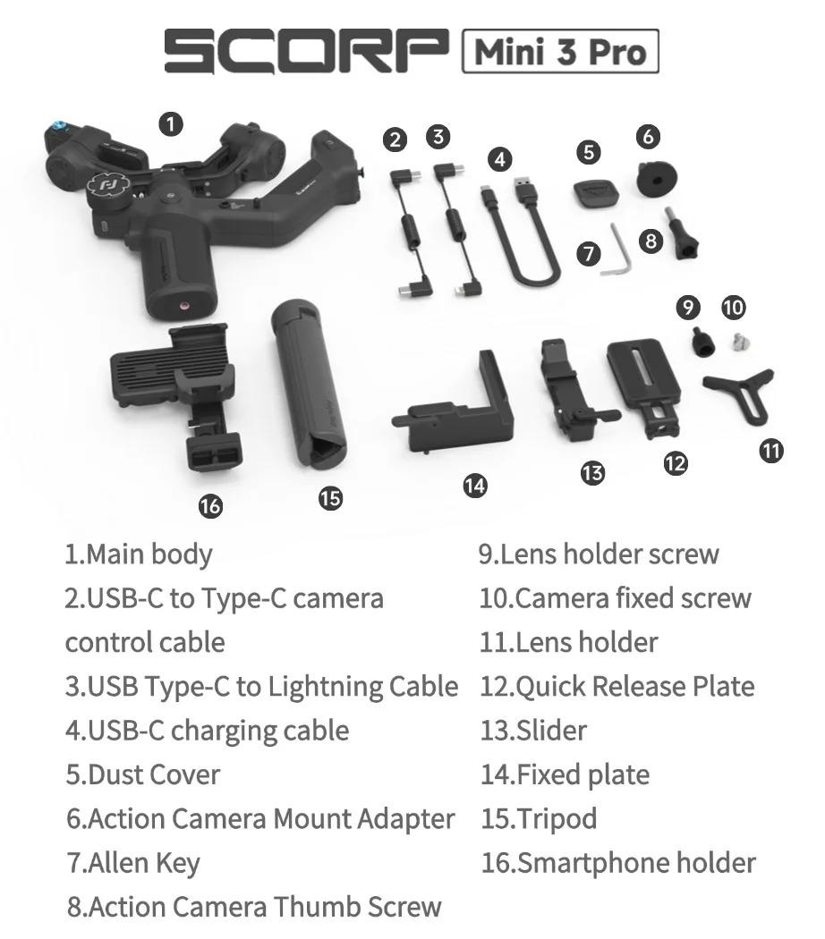 FeiyuTech SCORP Mini 3 Pro Combo | Full Accessory Kit – All-in-One 3-Axis Camera Gimbal, Built-in AI Tracking, Detachable Remote Handle, Vertical Shooting Compatible,for Mirrorless Camera, Action & Smartphone