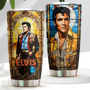 Elvis Presley Stained Glass Art 20oz Tumbler, Stainless Steel Curved Travel Mug, Vintage Elvis Gift