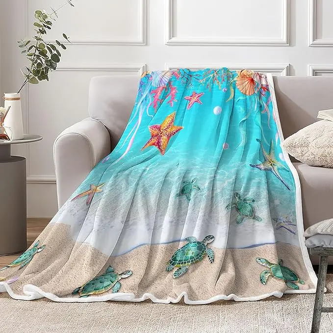 Ocean Beach Blue Teal Throw Blanket for Couch/Bed, Starfish Seashell Super Soft Warm Cozy Flannel Blanket for Living Room for Sofa