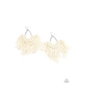 Wanna Piece Of MACRAME? - White Thread Silver Teardrop Earrings - Paparazzi