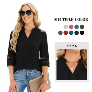 Funlingo 3/4 Length Sleeve Womens Tops V Neck Dressy Casual Blouses Lace Tunic Pleated Shirts Business Casual Outfits 2026