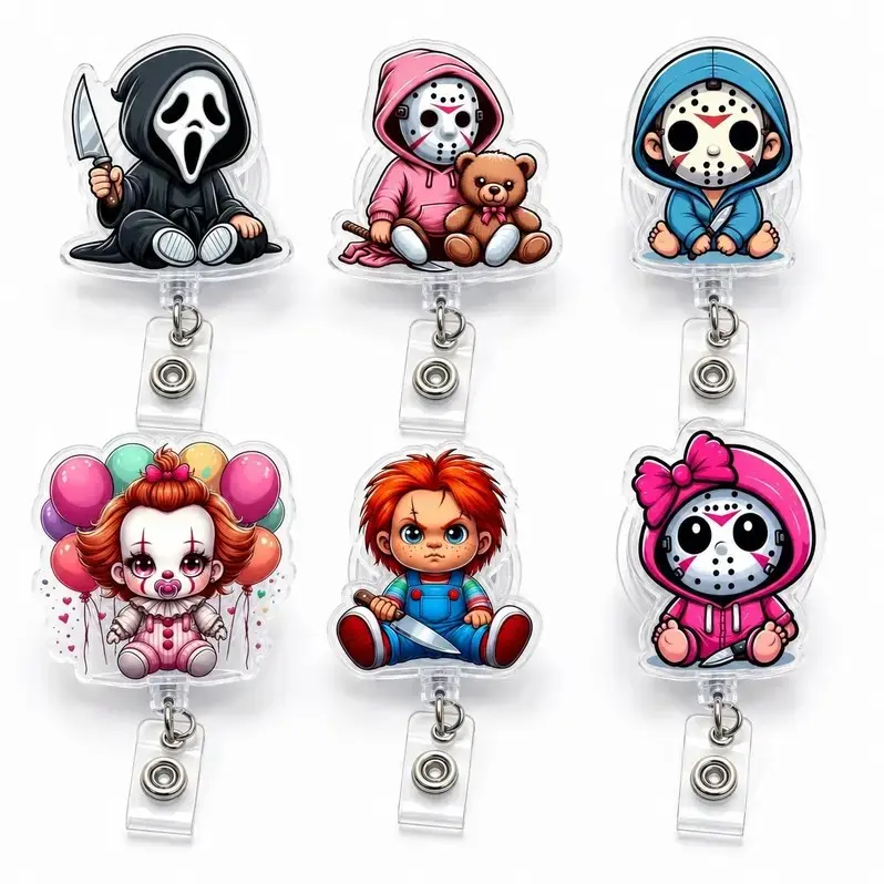 Cute Spooky Character Acrylic Badge Reel, 2D Horror Style ID Holder, Retractable Clip for Nurses, Fans