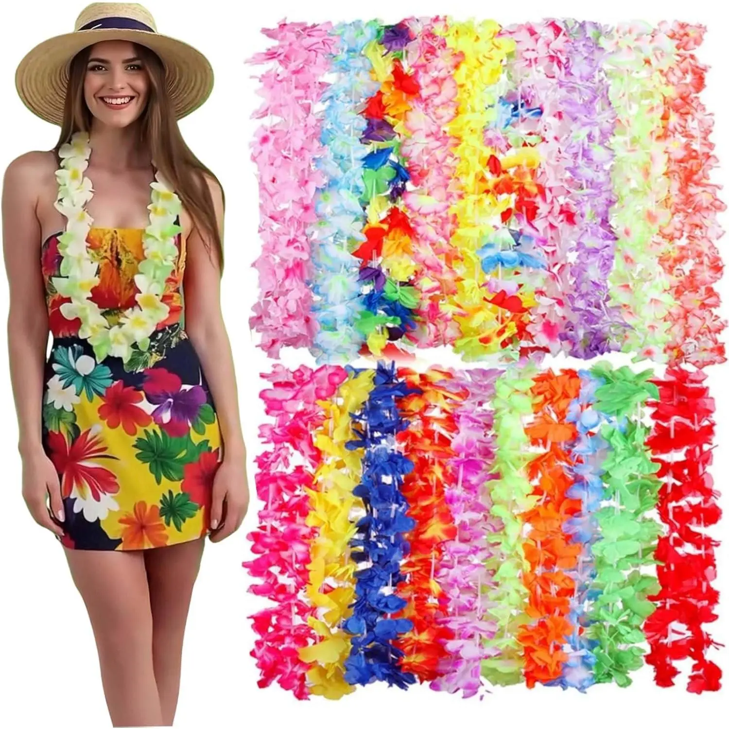50 Pcs Unisex Adjustable 40 Inches Tropical Eco-Friendly Artificial Hawaiian Flower Leis, Bulk Soft Fabric Festive Necklaces for Luau Parties, Beach Decor, Wedding Gifts & Home Supplies