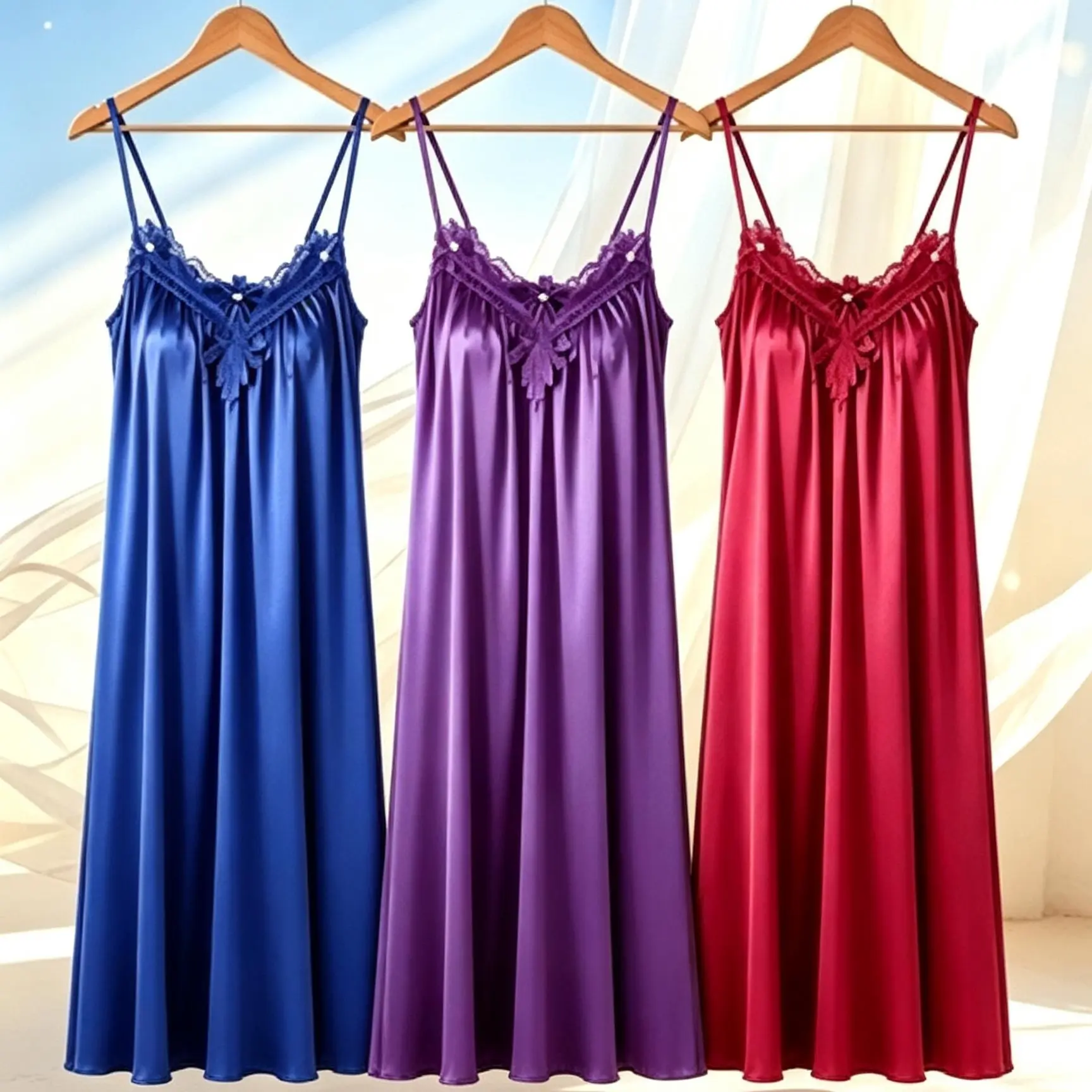 Women’s Ice Silk Lace V-Neck Spaghetti-Strap Night Gown - Plus Size Clothes, Long Loose Home Wear, Bow Detail, Multi-Color Satin Sleepwear