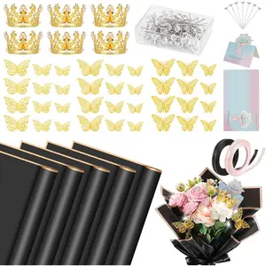 219 count Flower Bouquet Wrapping Paper  Floral Wrapping Paper Florist Supplies with Butterfly Decoration Crowns Ribbons Bouquet Pin Glue for DIY Craft (Black)