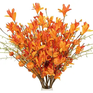 Artificial Fall Flowers 12 Pack Fall Floral Picks with Pumpkins and Berries 17 Inch Orange Forsythia Stems for Autumn Flower Arrangements Home Thanksgiving Decorations
