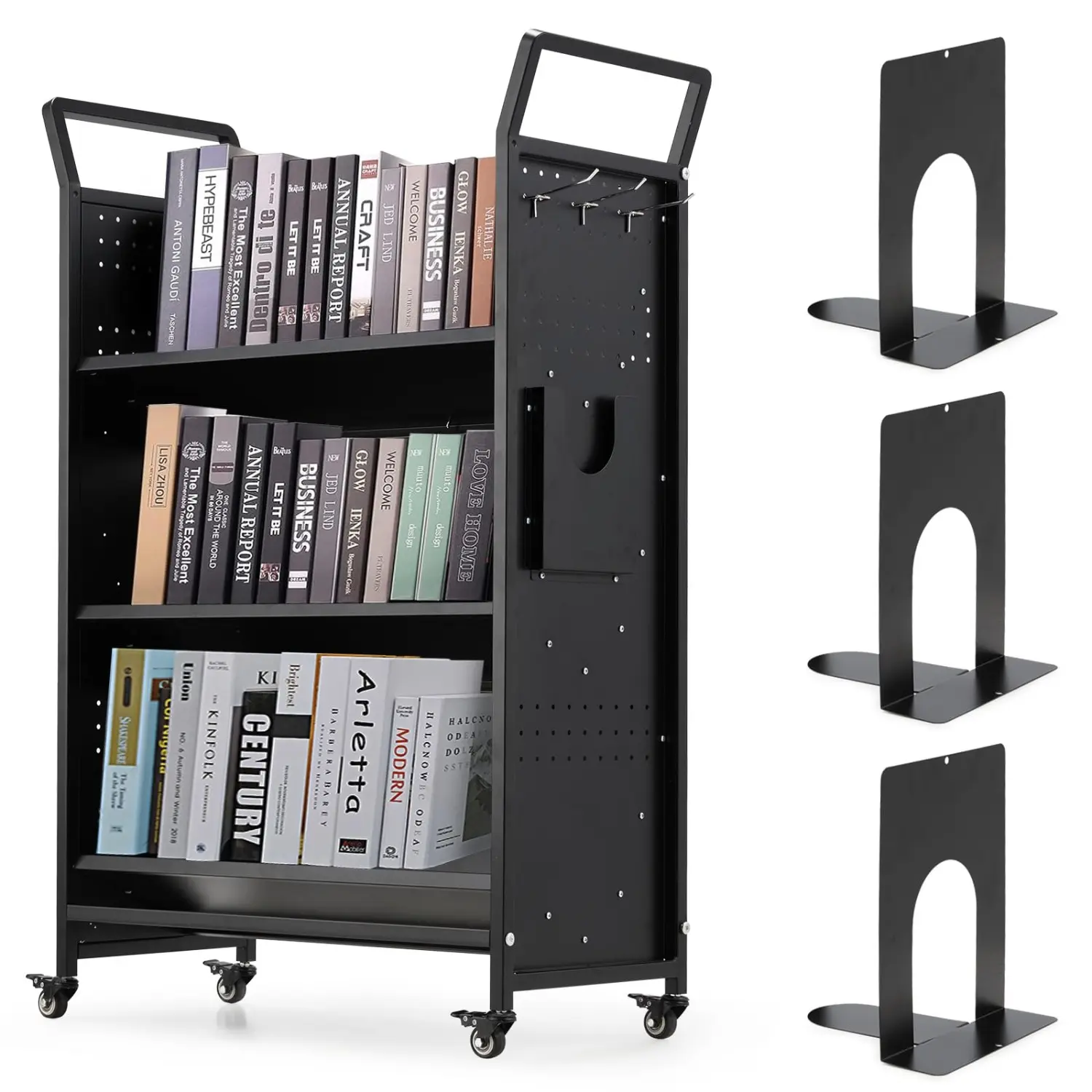 352LB Capacity Rolling Book Cart – 48.4''×31.5''×14.2'' Mobile Bookshelf with V-Shaped Shelves, Hooks & Stands – Single-Sided Utility Cart for Office