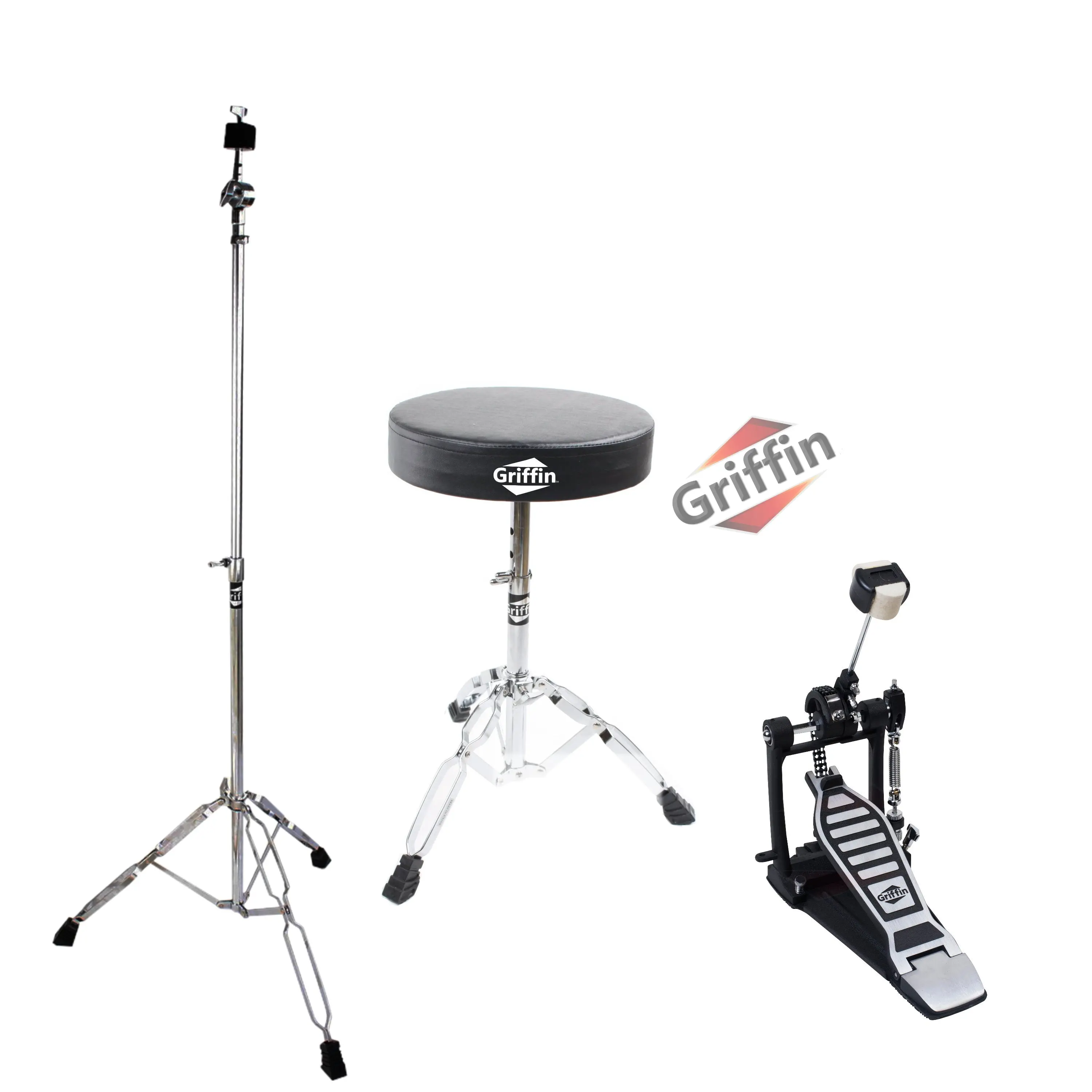 3 PACK GRIFFIN Drum Hardware Set - Kick Drum Pedal, Drummers Throne Seat & Straight Cymbal Stand | Deluxe Chrome Slip-Proof Gear Holder Percussion Set for Mounting Crash, Ride & Splash Cymbals