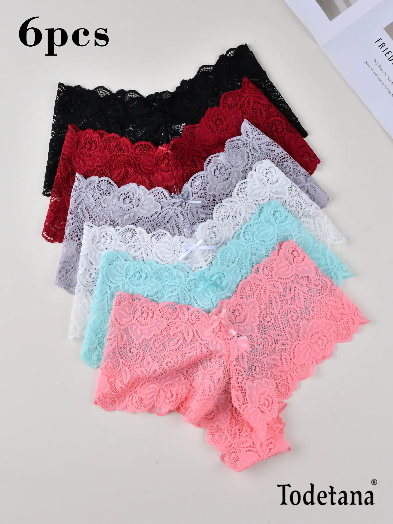 Women's 6pcs Bow Decor Scallop Trim Lace Panty, Soft Comfy Breathable Knicker for Daily Wear, Ladies Underwear for All Seasons, National Day Offers, Womenswear
