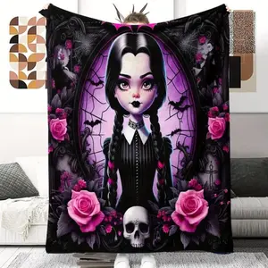 Halloween Blanket Retro DearTex Home Anime-Inspired Wednesday Addams Family Throw Blanket - Polyester, Chunky Knit, All-Season, Tear-Resistant, Machine Washable, Uncharged -GiftAirfun Blanket F28, Man Women Gift