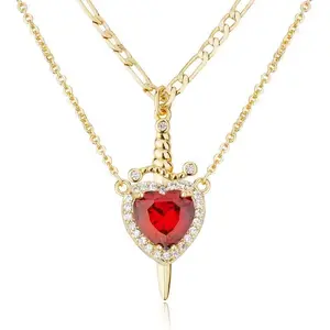 14K Gold Plated Heart Pendant Necklaces for Women Men, Zirconia Dagger Cross Pendant Necklace, Elegant Jewelry Gift for Couples