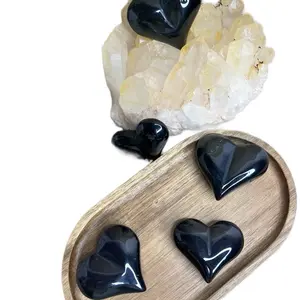 Rainbow Obsidian Heart Palm Crystal - Black Obsidian Heart Crystal in Decorative Holder