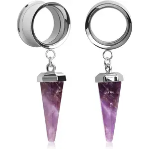 (1 Pair -Stone Pendant Stainless Steel Ear Plugs Tunnels Gauges Stretcher Piercings.