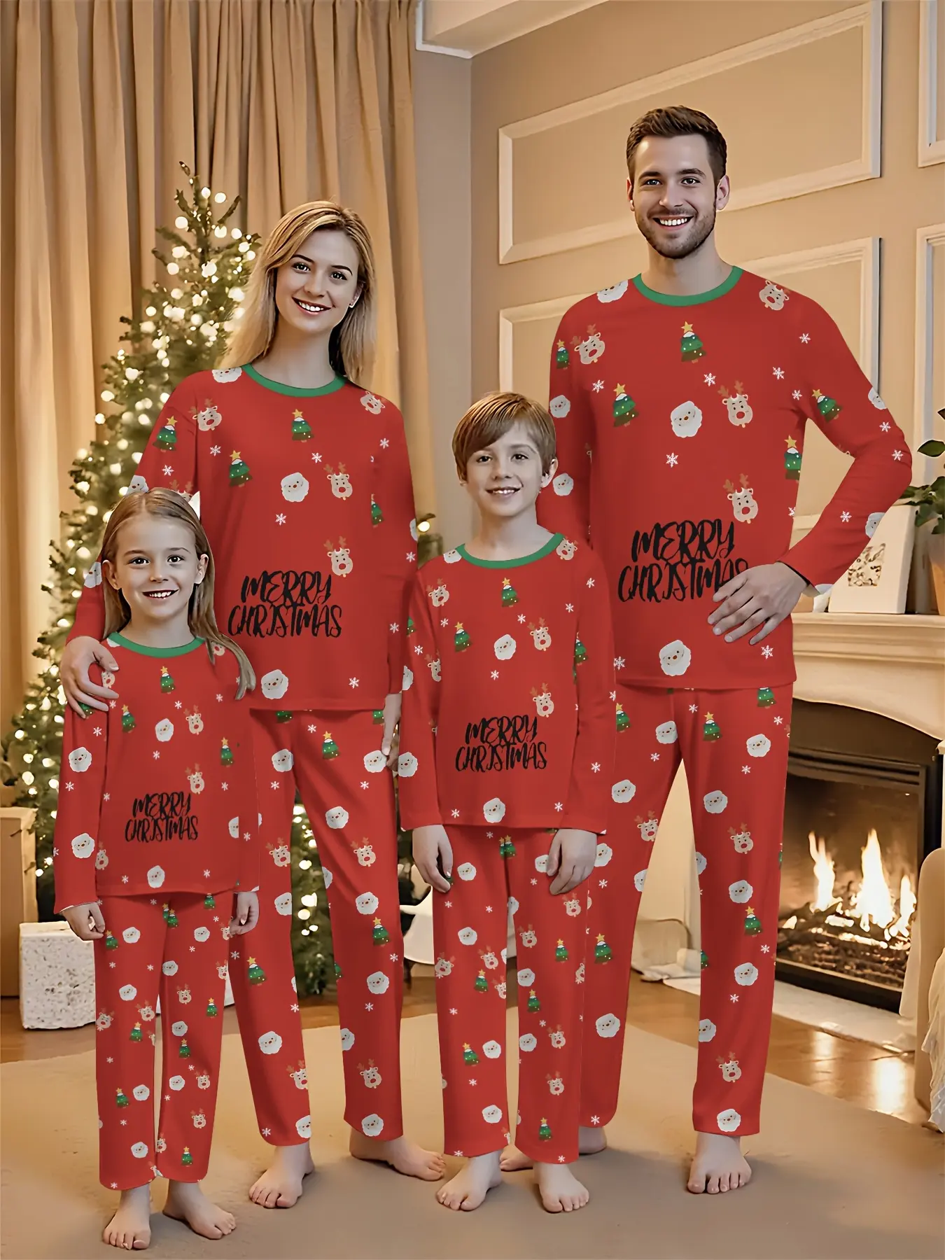 Christmas Family Pairing Set - Red and Green Festive Dress with "Merry Christmas" Print, Long Sleeve Crew Neck Sports Set for Parents and Children, Outdoor Wear, Christmas Dress, Holiday Dress, Fun Design, Perfect for Outdoor Activities