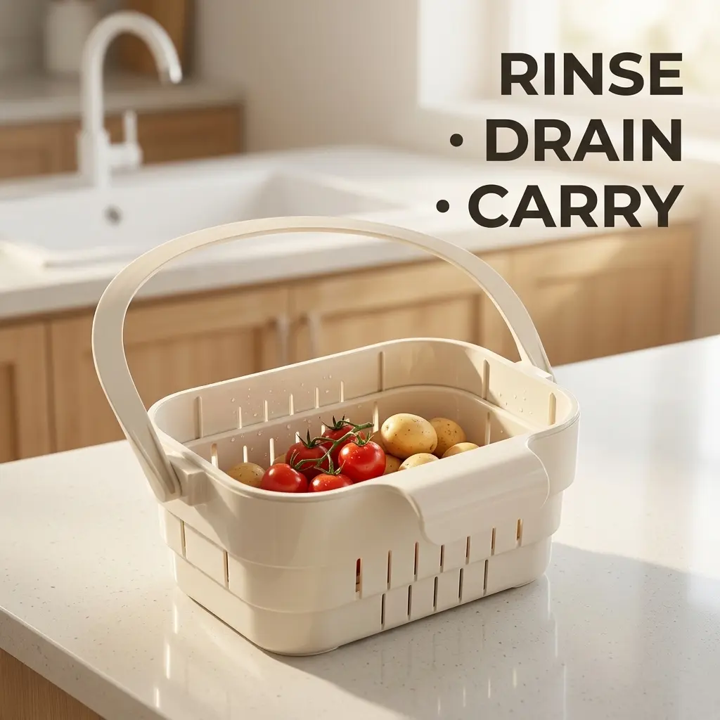 Extendable Kitchen Drain Basket with Flip Handle, Double-Layer PP Colander for Washing and Draining Fruits and Vegetables