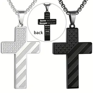 1pc Durable Stainless Steel Bible Verse America Flag Necklace Men USA Flag Cross Necklace for Men Women Jewelry Spiritual Necklace Inspirational Gift