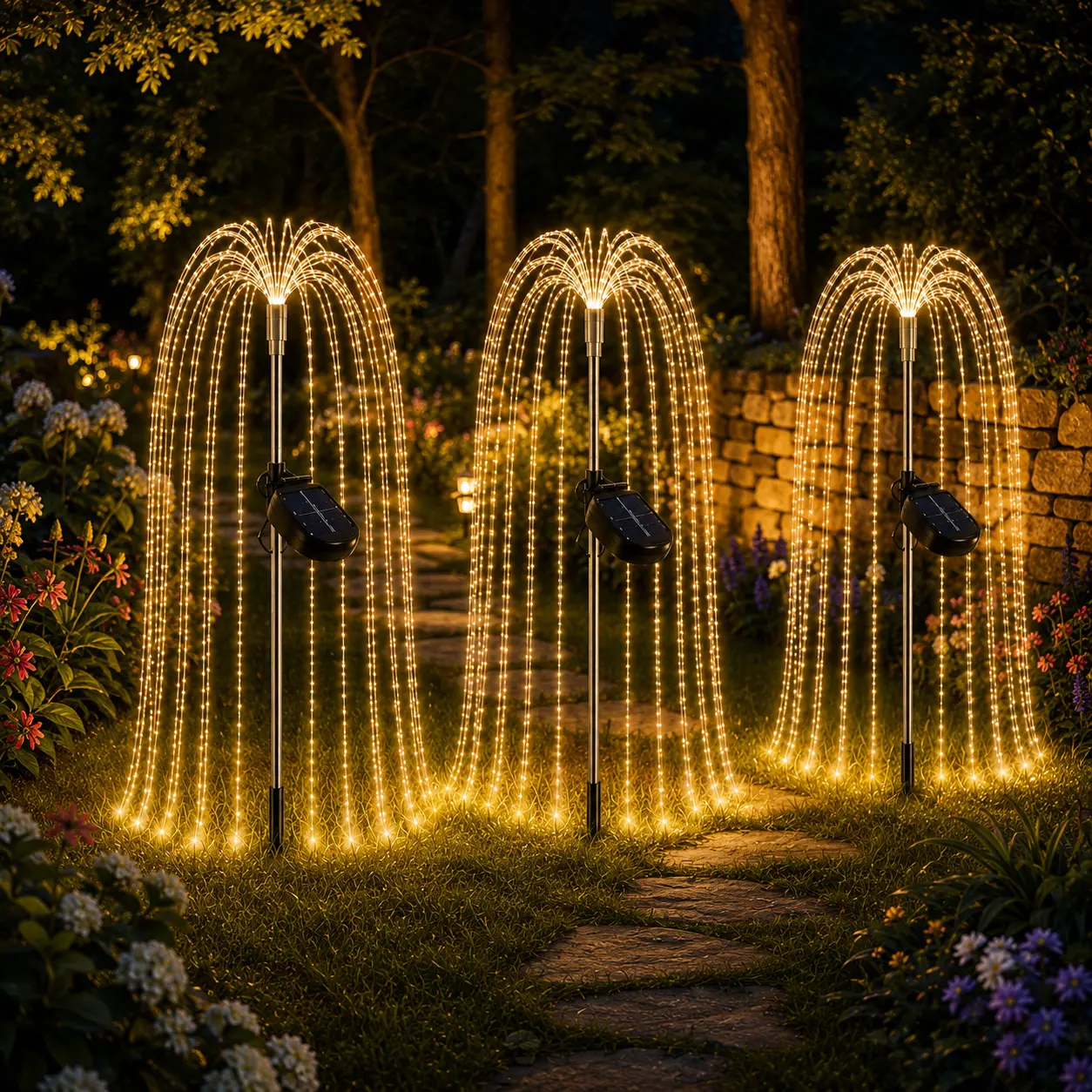 3 Pack Solar Weeping Willow Branch Fireworks Stake Lights, LED Garden Pathway Lights Built-in 850mAh Rechargeable Battery, Outdoor Landscape Decor Lights for Garden, Yard, Lawn, Walkway, Halloween Christmas Holiday Ambient LED Decorations