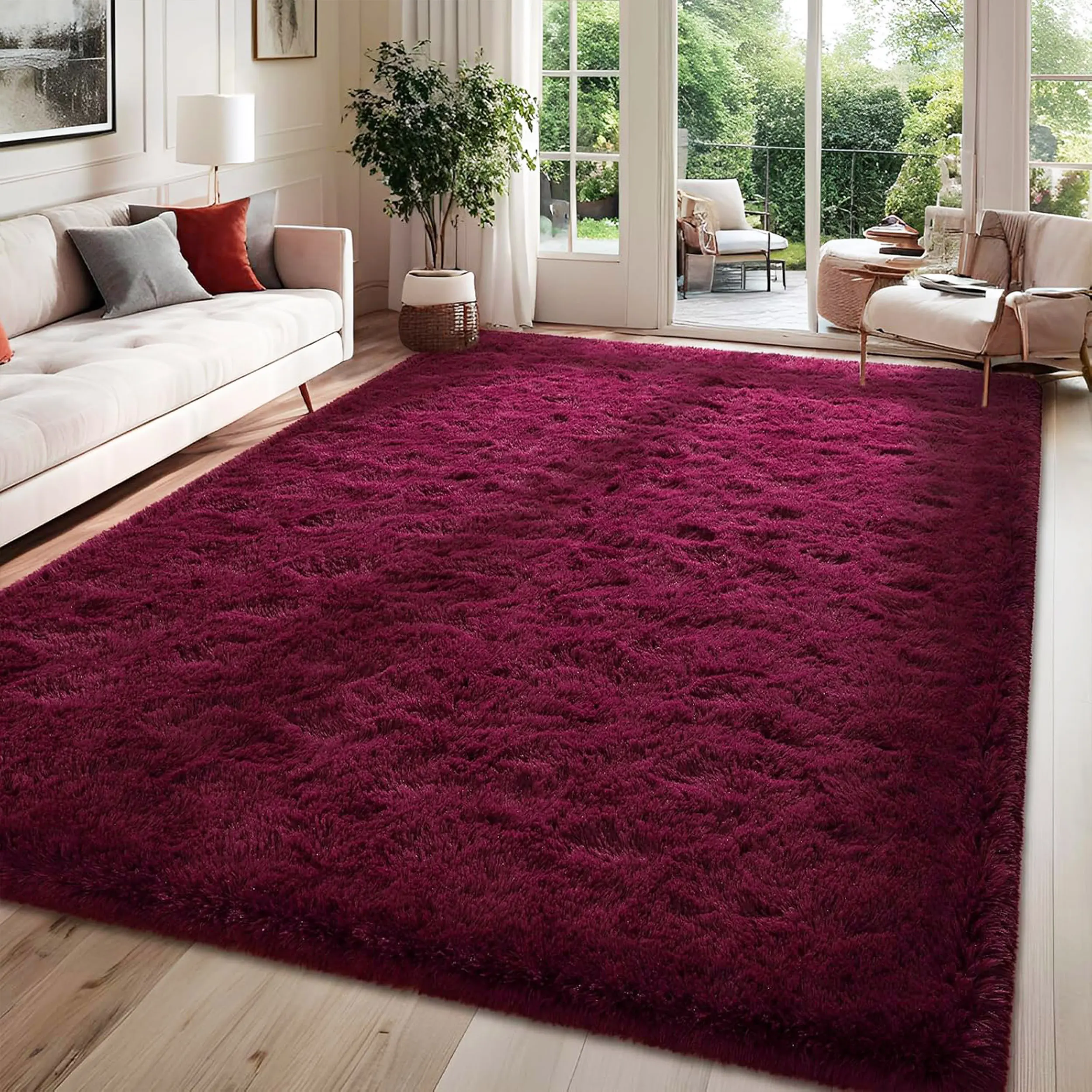 【Back To School】 BLIOWL Burgundy Red Furry Shaggy Area Rug - Super Soft Polyester Rug, Upgraded Anti-Slip Bottom, Modern Thick Silky Room Accessories, 4 Carpet Stickers Included, Ideal for Living Room Bedroom, Dry Clean Only, Multi Sizes，Deals For You