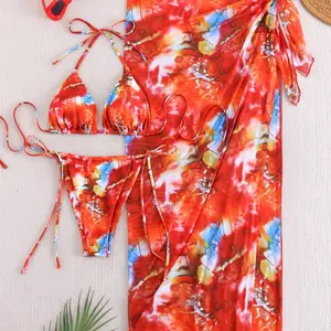 2026 New Two-Piece Swimsuit Sexy Bikini Three-Piece Set Women's Swimwear Cross-Border Tie-Dye Vacation Style P1114-02