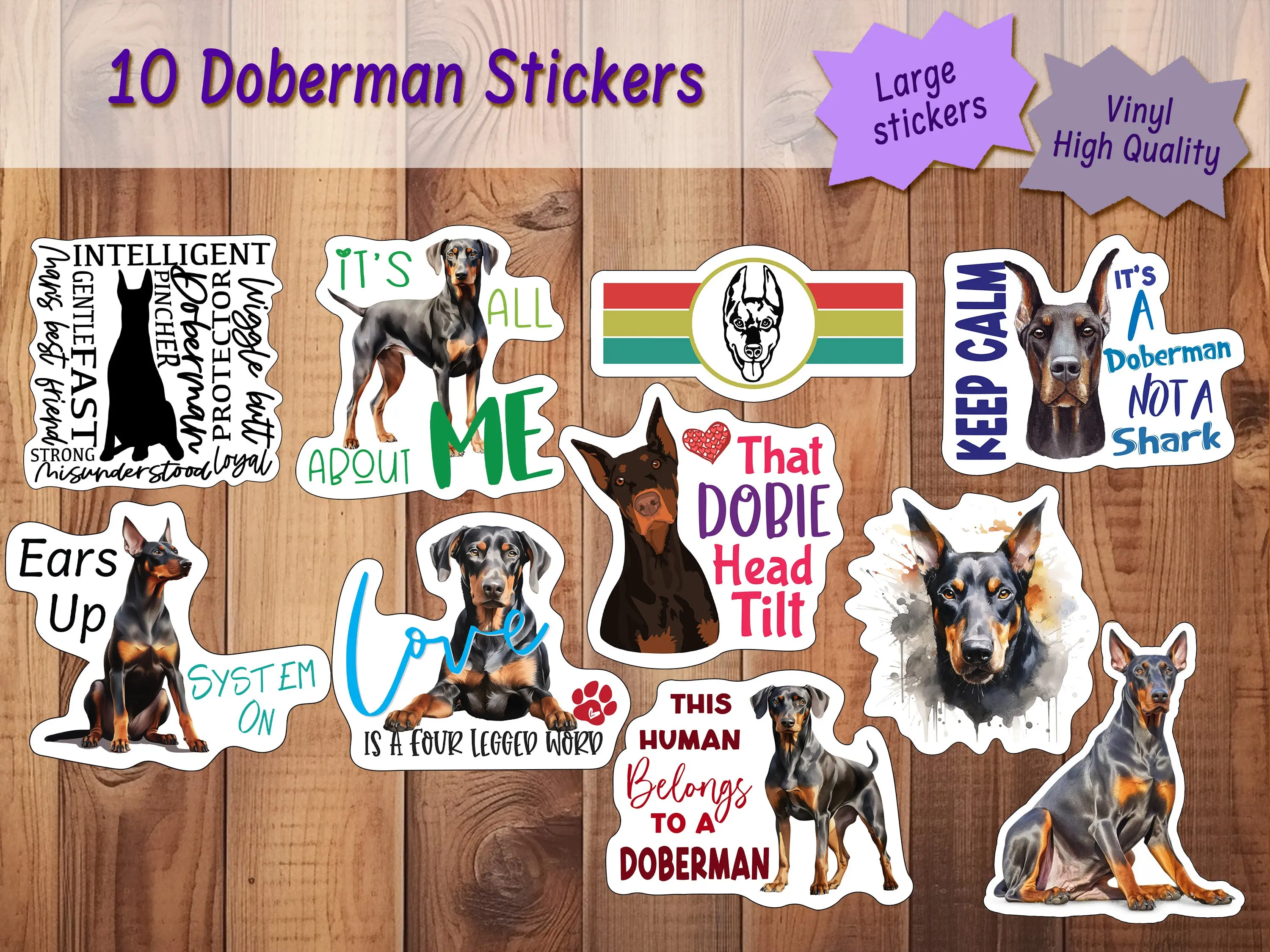 Doberman Stickers Set of 10 Waterproof Ultra-Thick Vinyl Decals for Water Bottles Laptops Scrapbook and More Durable and Versatile Gifts for Doberman Lover Doberman Stickers, Ten Vinyl Stickers Supporting Doberman, Great Doberman Gift, Decorative Stickers