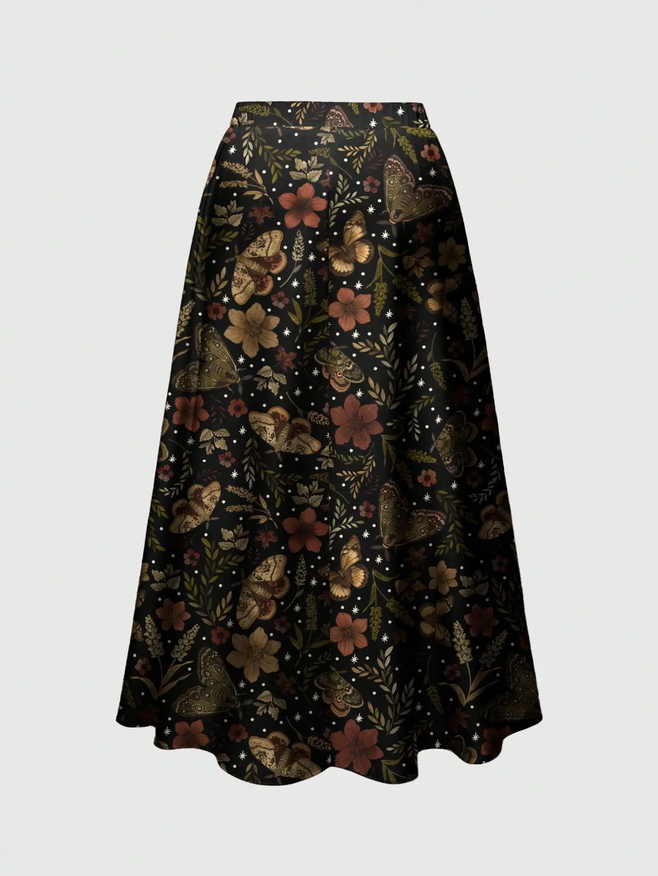 Fairycore Plus Size Dark Floral Bohemian Maxi Skirt, Gothic Flower Print Loose Fit Skirt, Romantic Y2K Beach Vacation Summer A-Line Skirt