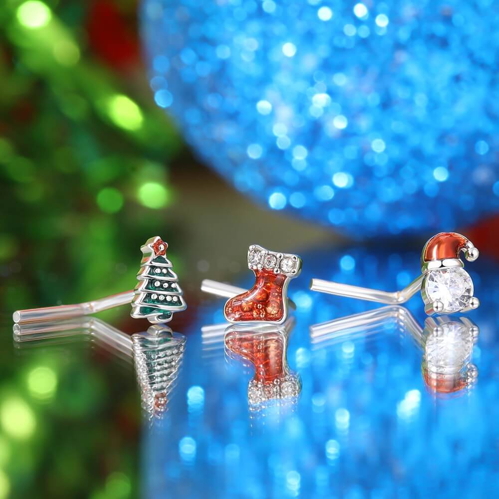 Oufer  Christmas3PCS 20G Christmas L-shaped Nose Piercing Ring Set with Santa Boots Tree Cubic Zirconia for Festive Holiday Wear