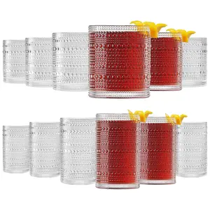 Khen Plastic Hobnail Drinking Glasses Set of 12 Clear Color Cups 6x 10oz Lowball & 6x 1oz Highball Acrylic Beaded Design, BPA-Free, Dishwasher Safe Indoor/Outdoor Drinkware Water, Juice, Cocktails